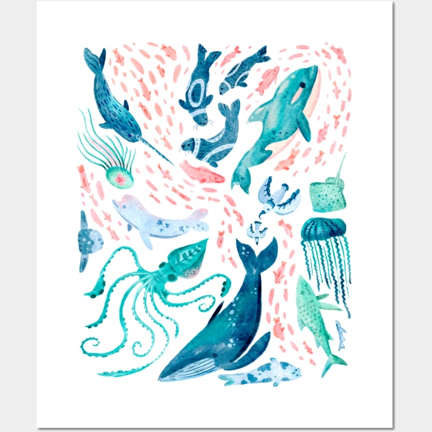 Watercolor Arctic Mammals and Fish Wall Art by narwhalwall